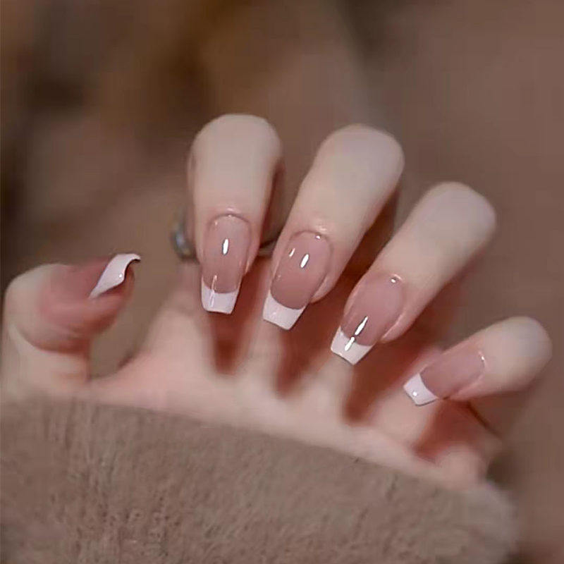 手工甲法式粉色拿铁反法式清新方头穿戴拆卸美甲纯手工假指甲贴片