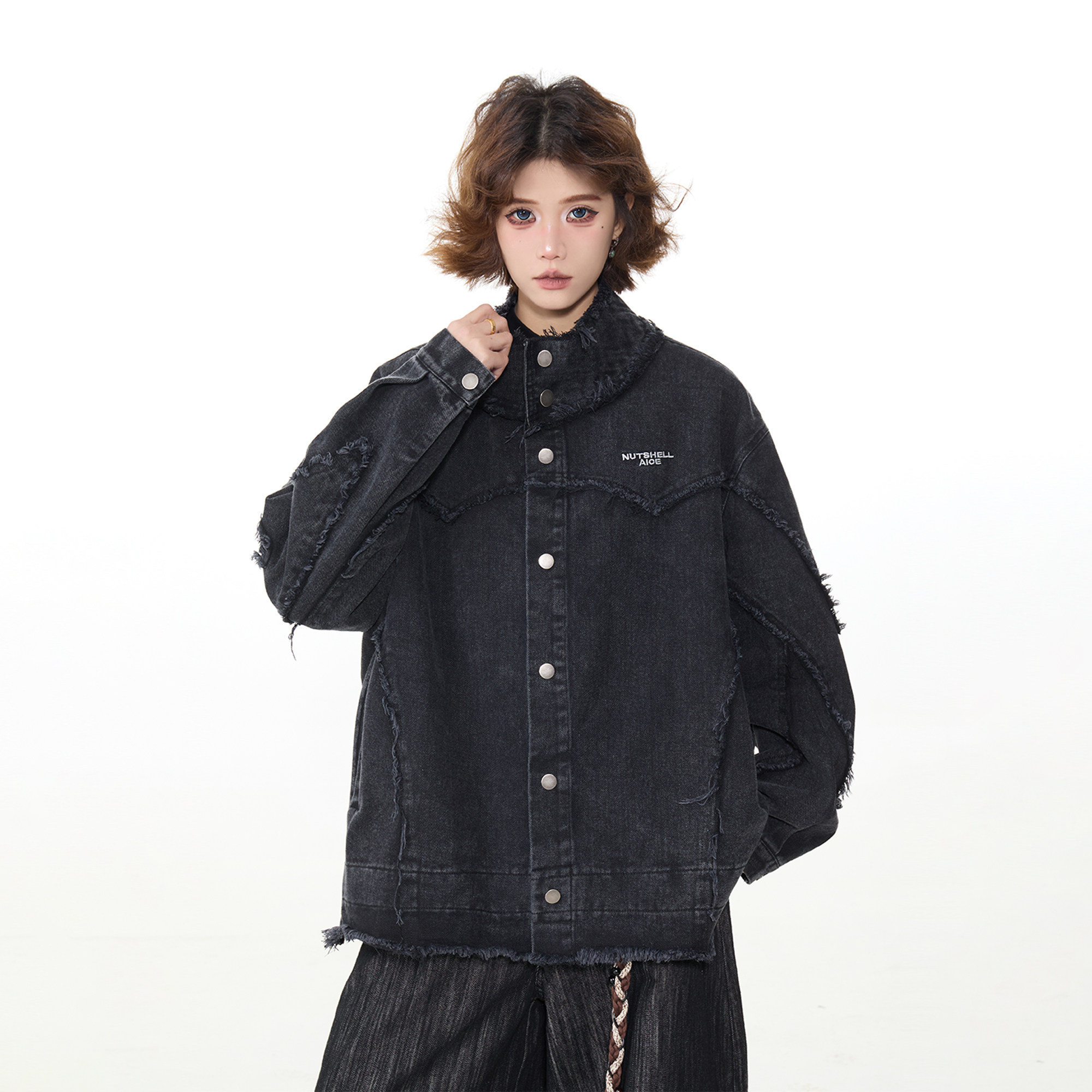 出前一町秋冬款高街大板型破坏结构牛仔衬衫男女同款宽松磨毛外套