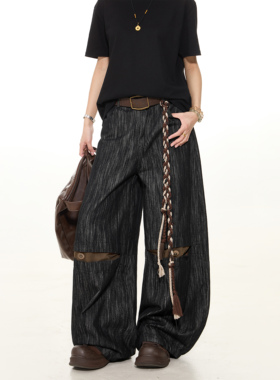 出前一町四季款美式黑色纹理贵气感阔腿弯刀裤男女同款时尚牛仔裤