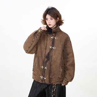 出前一町冬季街头重磅复古龙虾扣外套中性风毛绒领夹棉休闲棉服