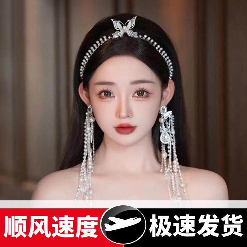 超仙新娘水钻蝴蝶发箍2024新款赫本风珍珠发饰轻奢高级感礼服配饰