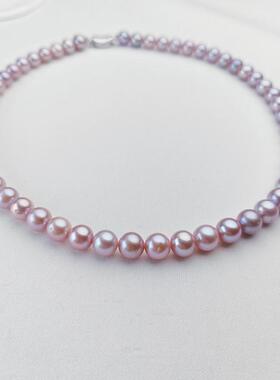 天然淡水珍珠项链女紫色近正圆真珍珠强光近无暇生日礼物8-9mm