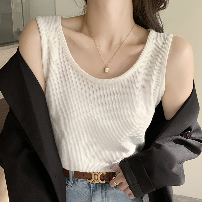 H309白色吊带背心女士夏宽松黑色内搭打底外穿华夫格无袖百搭上衣