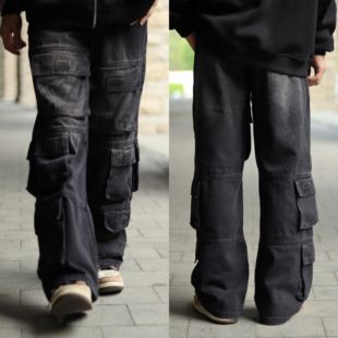 KZDALL小众设计复古水洗做旧多口袋牛仔工装裤宽松直筒百搭美式潮