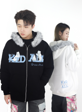 KZDALL原创设计雪狐毛领开衫拉链卫衣外套秋冬加绒宽松休闲上衣潮