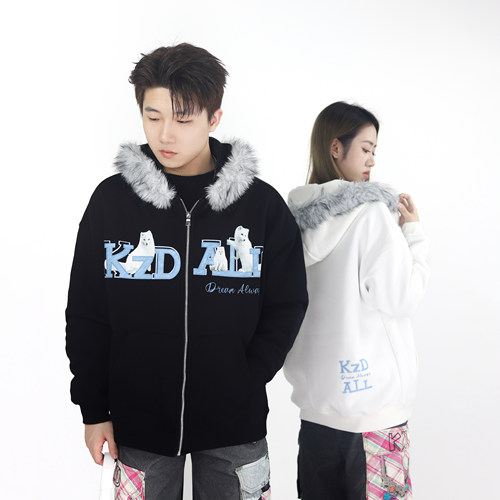 KZDALL雪狐毛领开衫拉链卫衣
