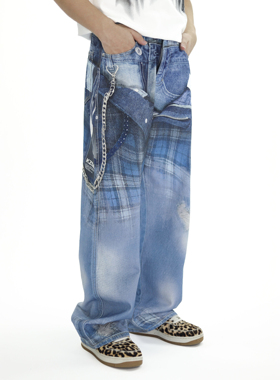 KZDALL原创设计格纹渐变打印牛仔裤美式街头宽松男女百搭休闲长裤