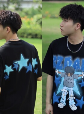 KZDALL原创设计街头趣味脏辫星星印花发泡短袖男女宽松夏季休闲T