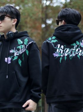 KZDALL原创设计紫色玫瑰刺绣连帽卫衣秋冬加绒美式休闲宽松男女