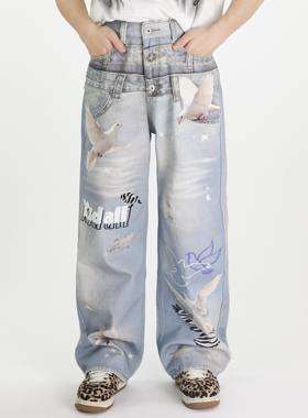 KZDALL原创设计白鸽打印牛仔裤刺绣美式街头休闲百搭宽松长裤男女