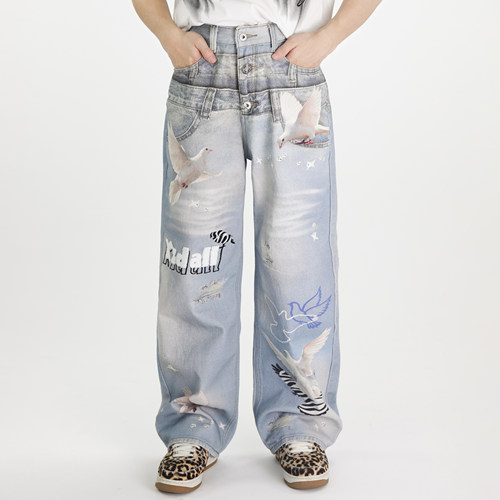 KZDALL原创设计白鸽打印牛仔裤