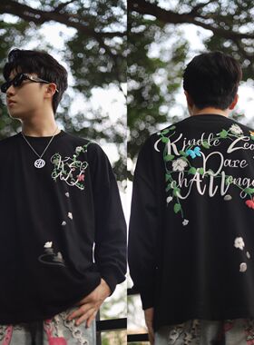 KZDALL原创设计茉莉花蝴蝶发泡印花长袖T恤初秋美式街头宽松休闲