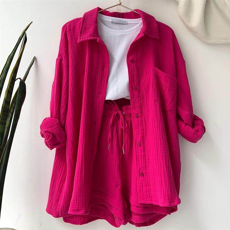 2024 Summer Womens Two Piece Casual Long Sleeve Short Sets