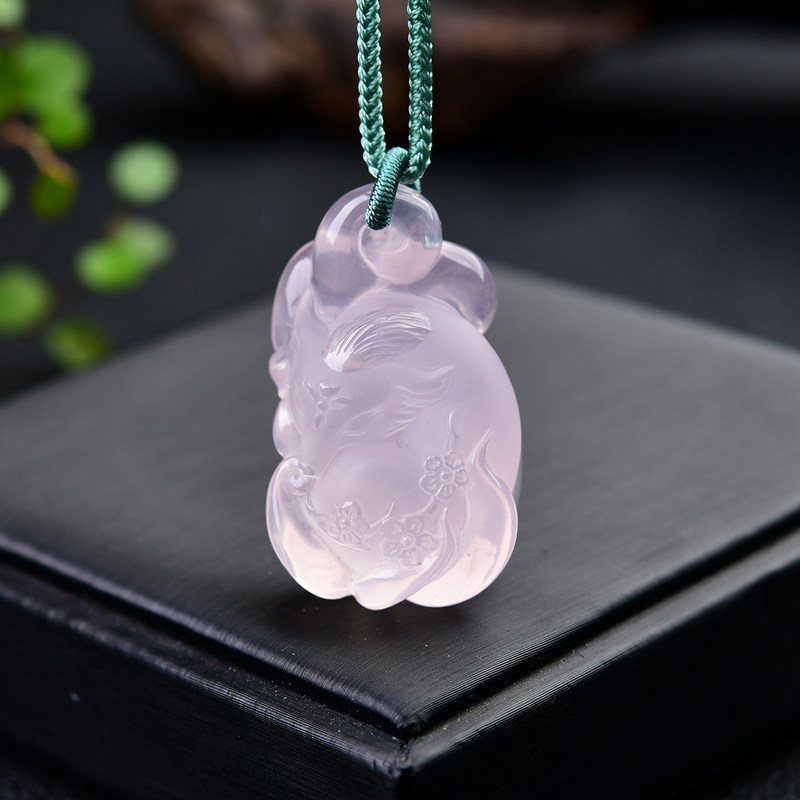 天然粉水晶九尾狐狸吊坠男女款毛衣链情侣礼物精品精工雕刻挂件