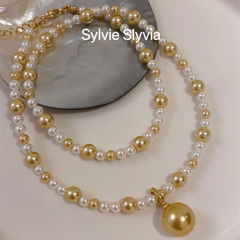 春夏高级感金珠澳白混彩珍珠毛衣项链美拉德配饰万能扣珍珠吊坠银