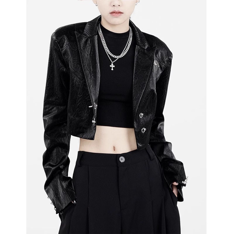 黑色皮衣外套女士2024新款时尚翻领机车短款小个子修身显瘦pu夹克