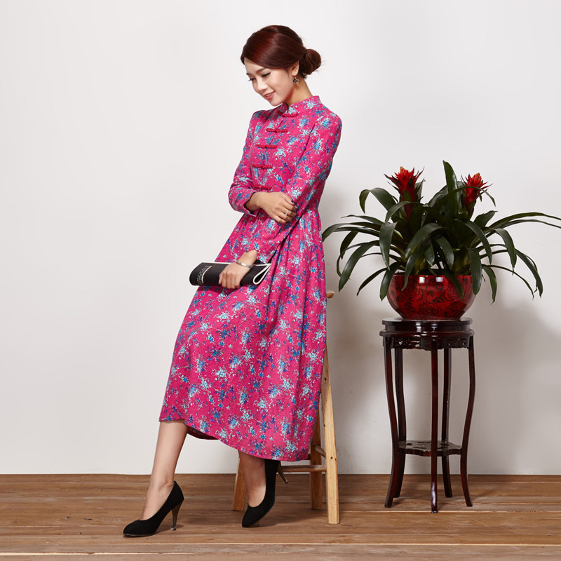 2021春装新款复古o中式民族风显瘦棉麻连衣裙立领盘扣大摆长裙茉