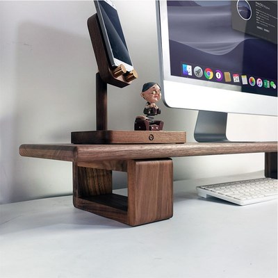整板黑胡桃实木电脑显示器增高架桌面搭建支架置物架尺寸定制挖孔