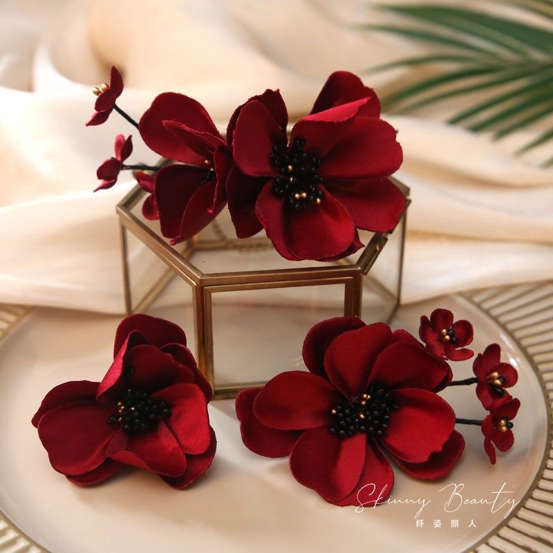 新款气质酒红色花朵发夹套装新娘盘发敬酒服头饰影楼造型发饰仙美