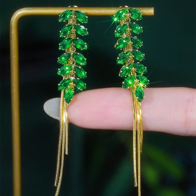 绿色锆石麦穗耳环轻奢小众设计百搭长款流苏耳坠个性时髦两戴耳饰