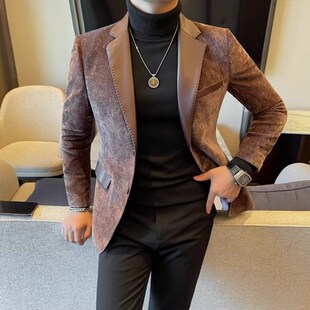 男士 2024新款 修身 外套韩版 商务O休闲西服外套潮流礼 拼皮设计西装