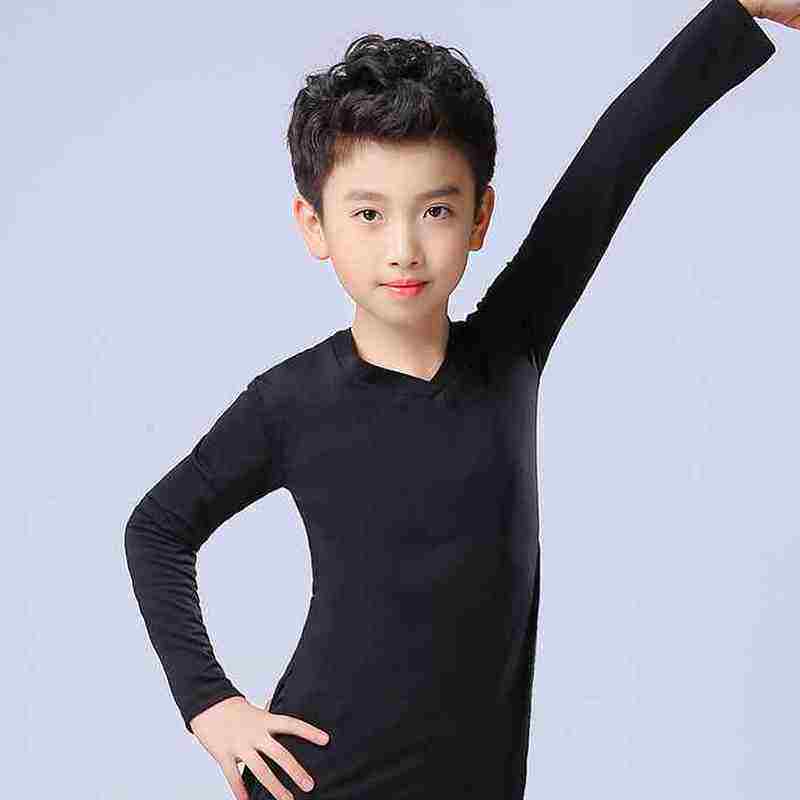 儿童舞蹈练功服男童拉丁舞上衣秋季长袖白色黑色男孩少儿表演出服