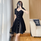 气质显瘦方领连衣裙 2025新款 法式 复古设计收腰礼服黑色裙子女夏季