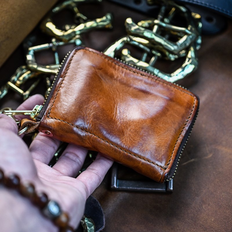 头层牛皮短款拉链钱包男多功能植鞣皮钱包竖款钱夹复古做旧手工潮