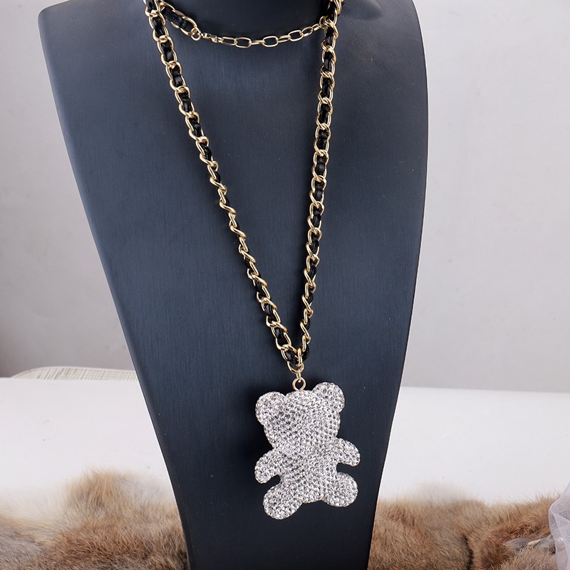 长款毛衣链日韩新款编织链条网红休闲熊水晶满钻吊坠装饰项链配饰