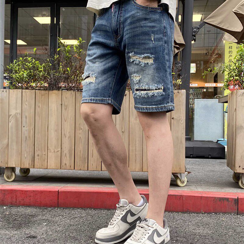 牛仔短裤男夏季韩版潮流高街猫须破洞无弹五分R修身百搭新款中裤