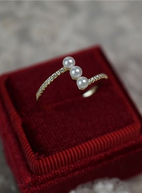 日式轻奢纯银镶钻天然淡水珍珠戒指女气质简约可调节细戒指食指