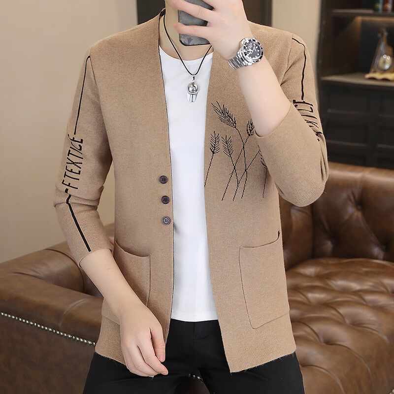 春秋季男士新款针织开衫青年潮流修身百搭提花V领毛衣.披肩外套男