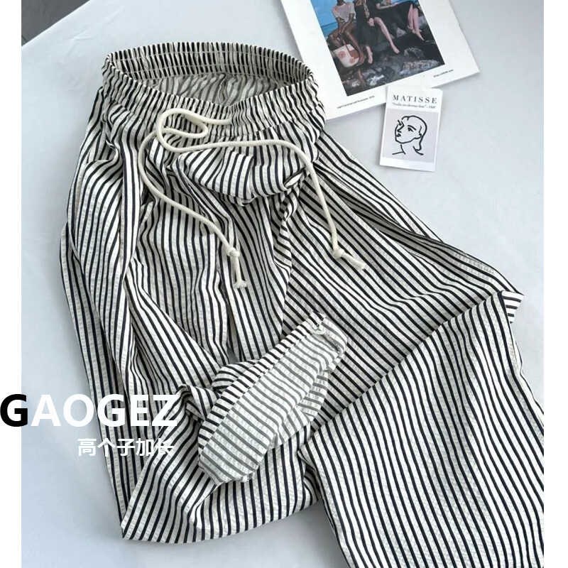 175高个子加长竖条纹阔腿裤女夏季慵懒显瘦直筒休闲宽松拖地裤子