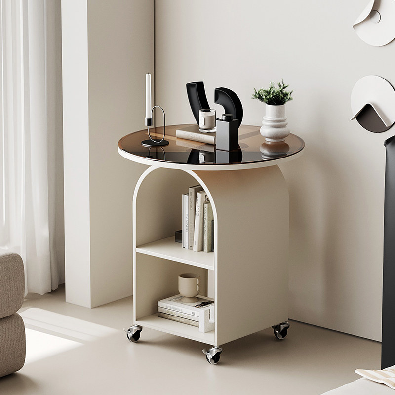 可移动圆形床头柜简约现代钢x化玻璃不占地床边柜创意可储物收纳