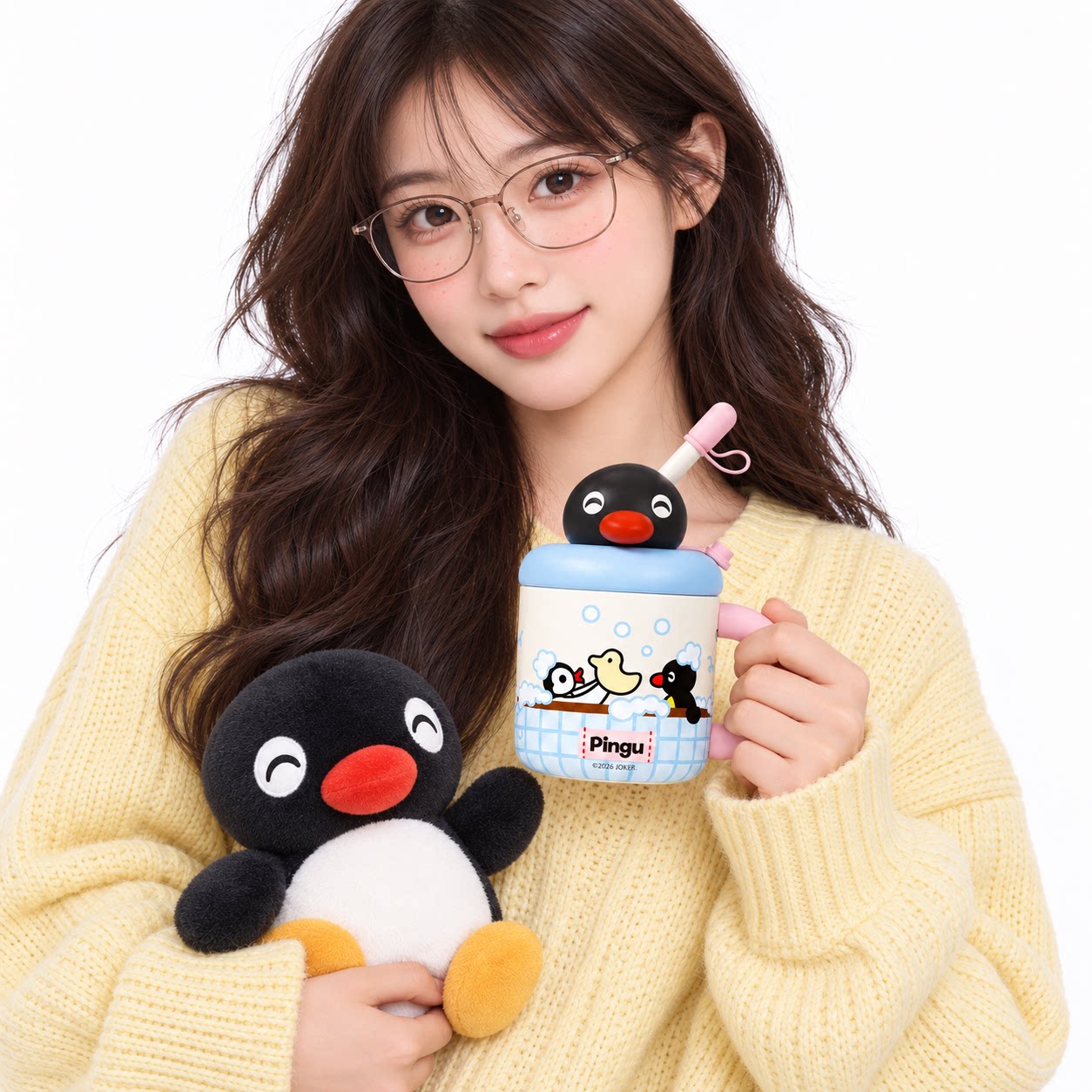 pingu联名可爱桌面吸管杯高颜值卡通316不锈钢保温杯学生情侣礼物