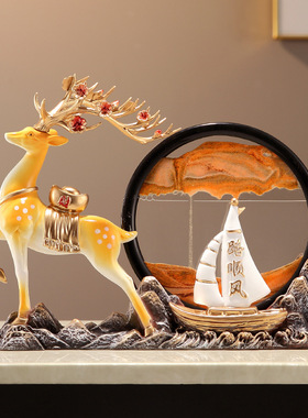 新中式一鹿顺风流沙风景画摆件装饰客厅电视柜玄关办公室开业礼品