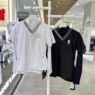 出口原单高尔夫女装立领假两件长袖T恤户外运动冷感透气防晒上衣