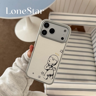 LoneStar原创光环小天使皮革复古简约银框壳适用苹果17promax全包大孔手机壳