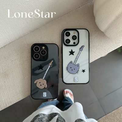 LoneStar原创摇滚小猫小狗rock情侣电吉他亚克力印花软壳适用苹果16promax全包大孔手机壳