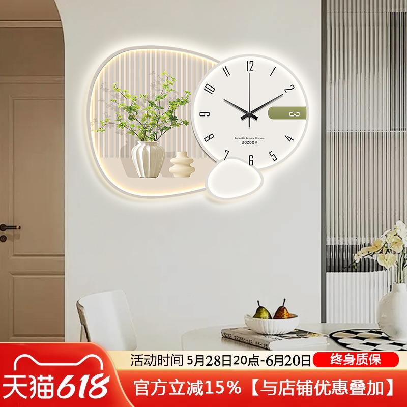 奶油绿植餐厅装饰画小清新简约创意个性钟表挂钟客厅静音时钟壁灯图片