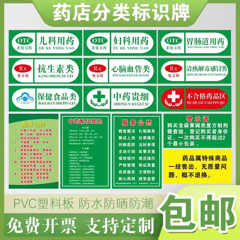 药品分类分区标识药房药品保健品标签标牌医院柜台PVC塑料板墙贴保