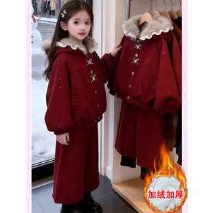 女童红色毛呢外套假两件阔腿裤套装冬装2026新款加绒卡通大衣年服