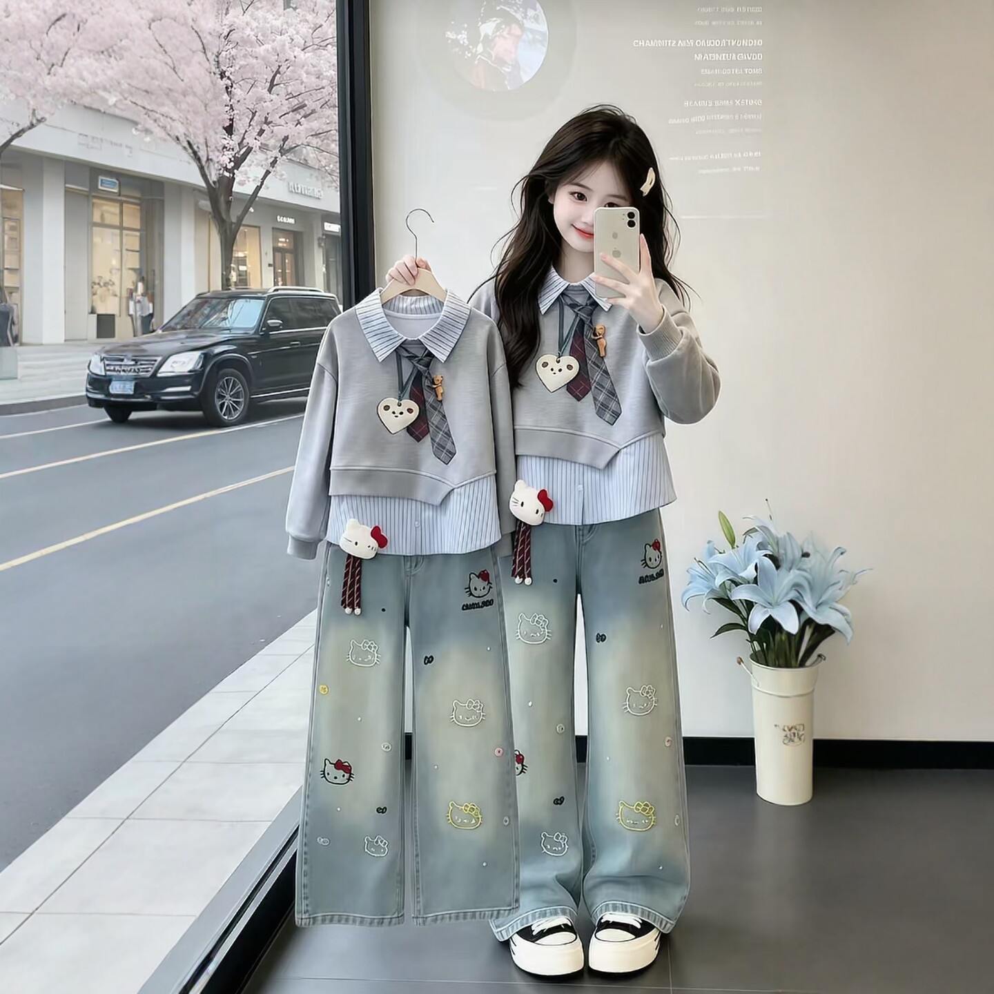 女童秋季套装2026新款儿童假两件卫衣牛仔裤洋气中大童秋装上衣潮