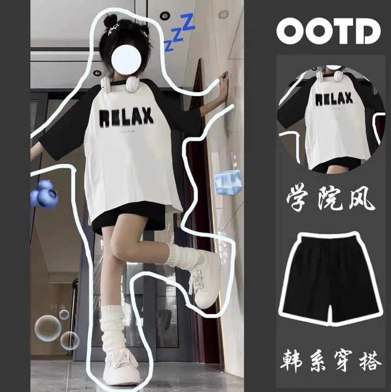 女童套装夏款衣服女大学生插肩宽松短袖T恤休闲五分短裤两件套潮