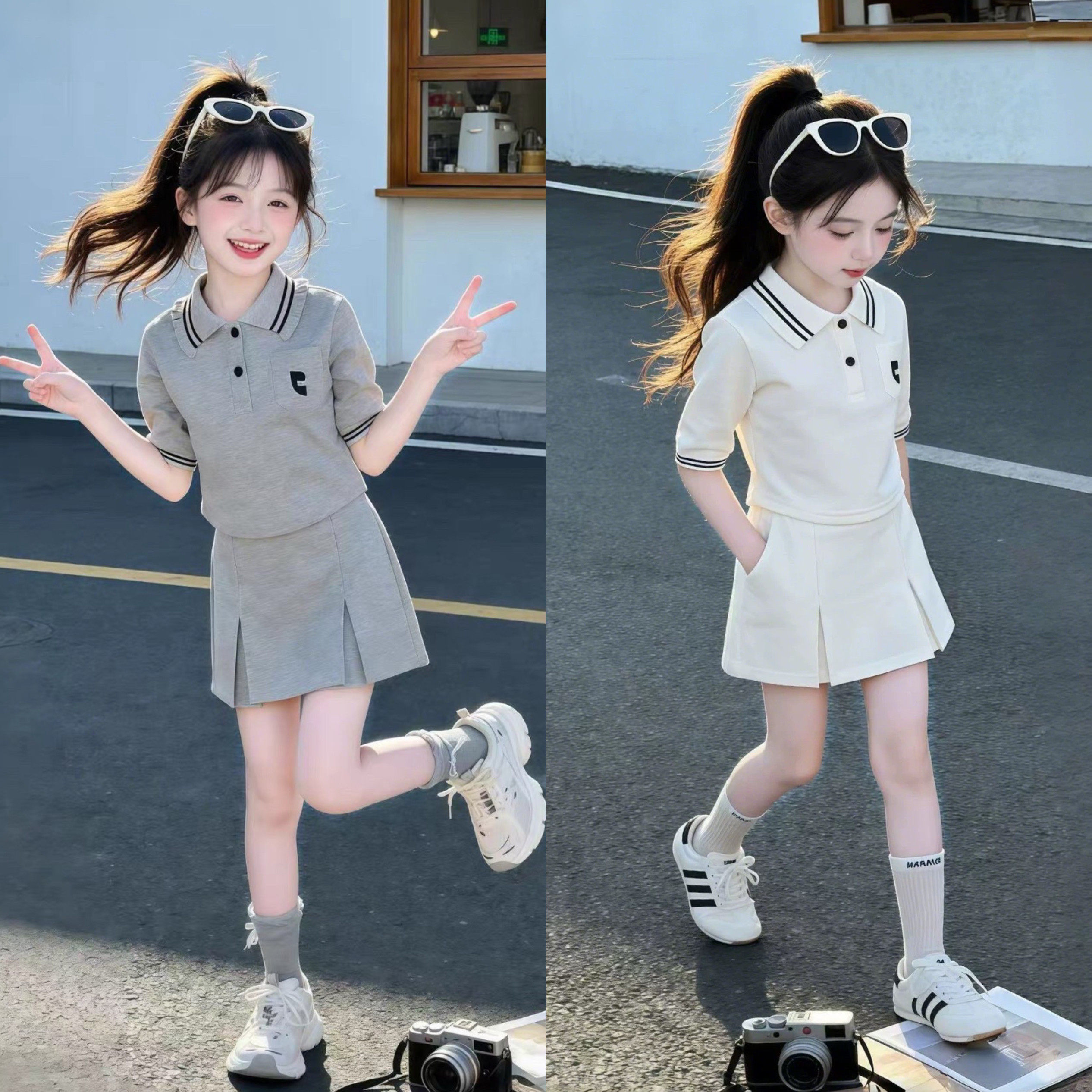 女童夏套装2026新款女大童超好看的韩系休闲运动POLO衫裙裤两件套
