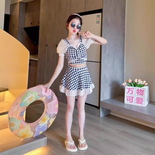 公主风女孩泳装 中大儿童格子游泳衣套装 洋气 泳衣夏季 女童2025新款