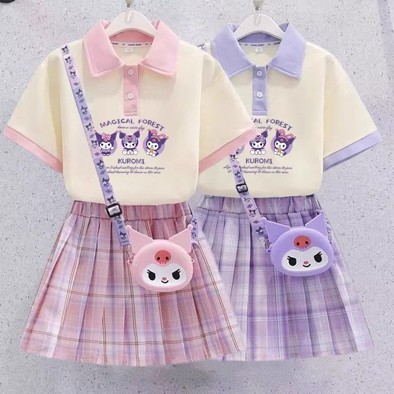 库洛米裙子套装女童夏季新款儿童POLO衫百褶裙女孩短袖jk服两件套