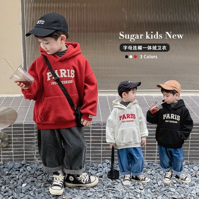 男童加绒卫衣加厚一体绒红色上衣