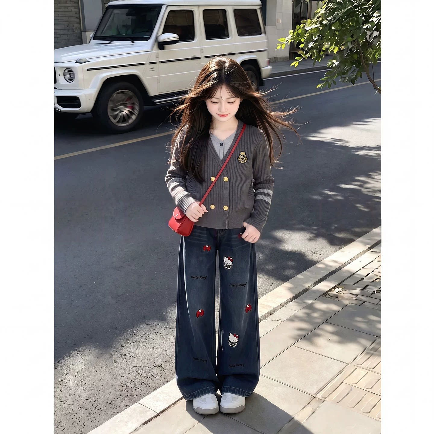 女童秋套装2026新款初中生秋季学院风穿搭大童女孩韩系开衫牛仔裤