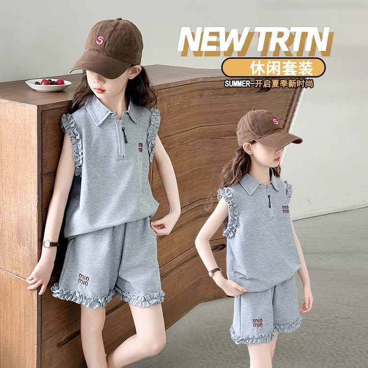 女童套装POLO衫背心短裤两件套